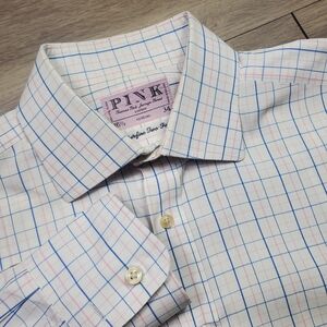 Thomas Pink White Dress Shirt with Blue & Pink Windowpane Check 16.5 34